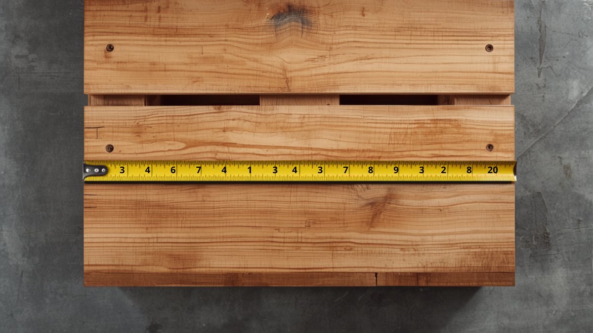 Tape measure laid across the deck boards of a 48x40 wood pallet to confirm the 48 inch width