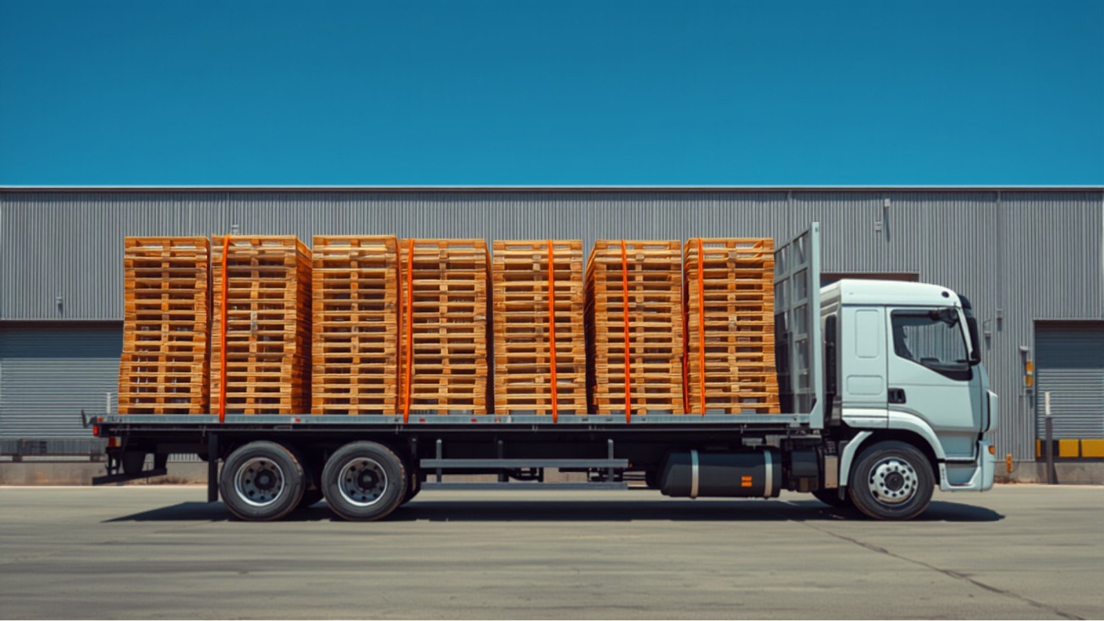 Flatbed truck delivering a bulk load of stacked wood pallets to a Los Angeles warehouse dock