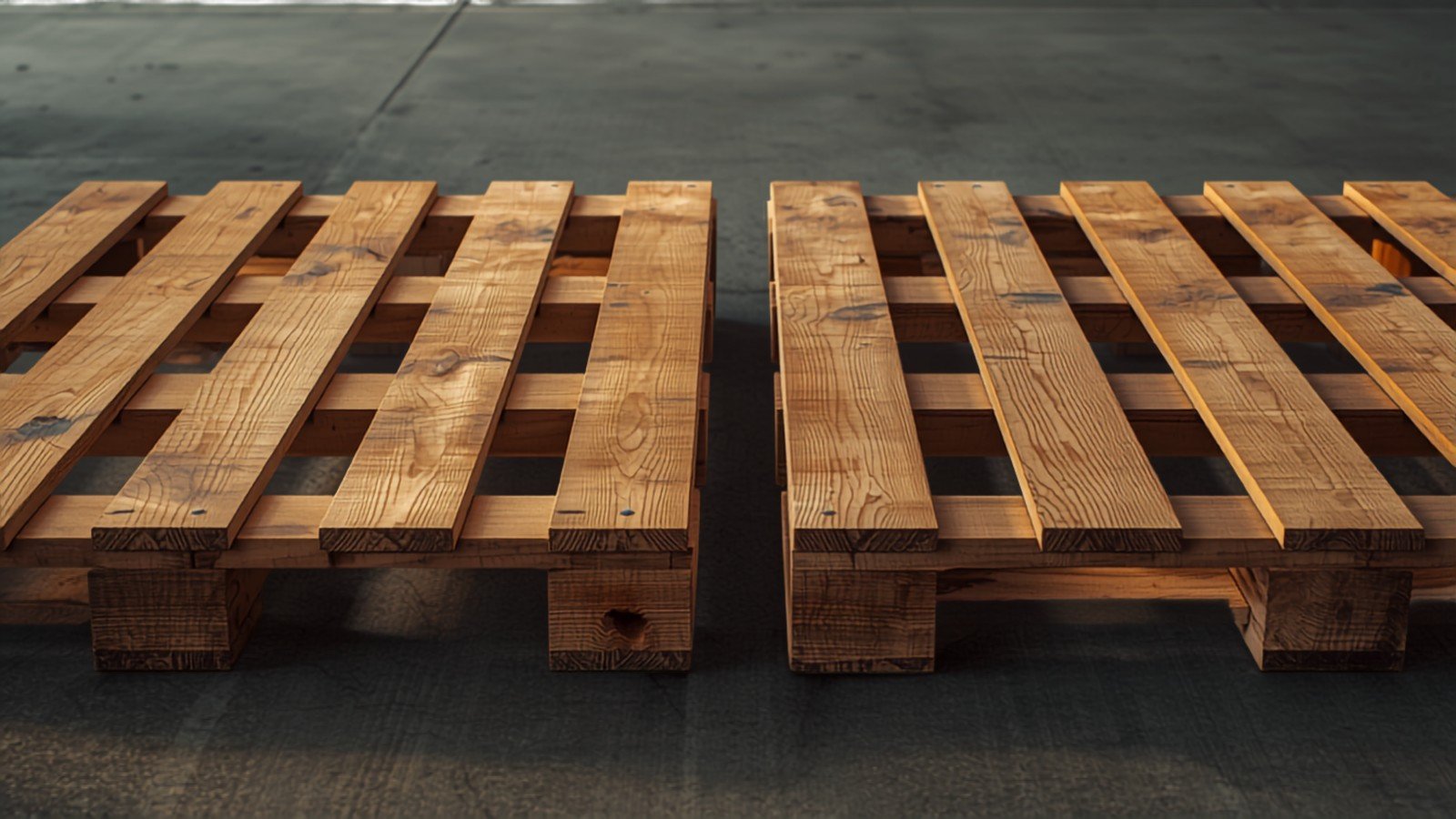Close-up of a grade C economy wood pallet with repaired deck boards next to a cleaner grade B pallet for comparison