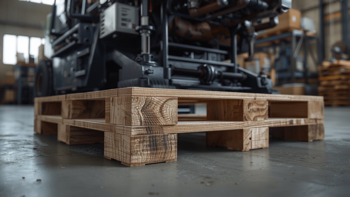 Palet de madera reforzado a medida con tablas gruesas sosteniendo una pieza de maquinaria industrial en una bodega