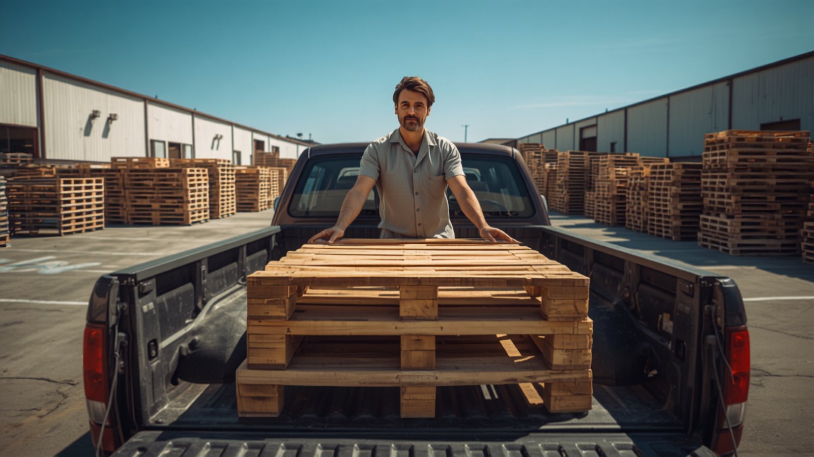 Cliente cargando dos palets de madera en una camioneta en un patio de palets de Los &Aacute;ngeles