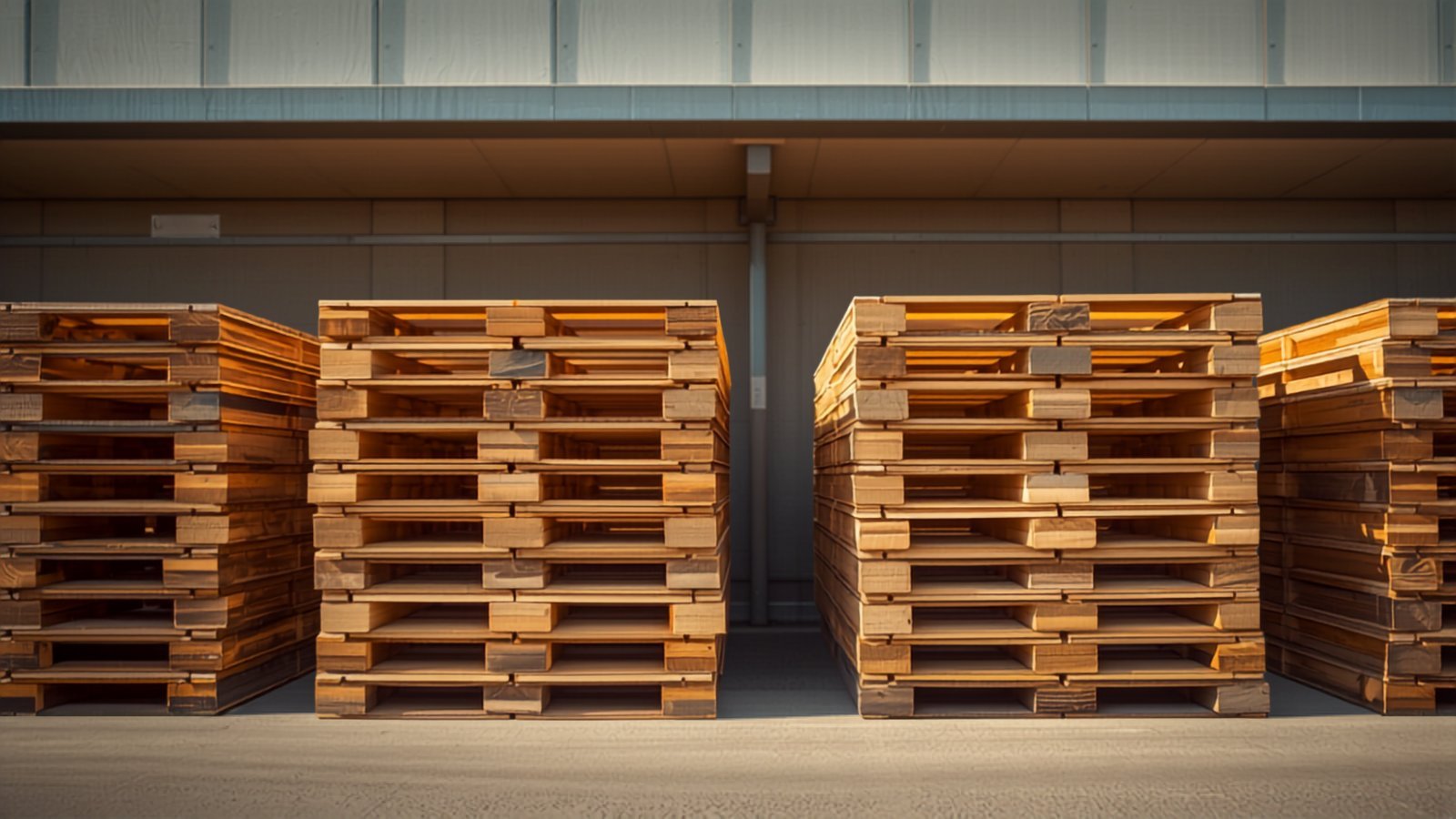 Sorted stacks of Grade A and Grade B wood pallets staged by a Los Angeles warehouse loading dock