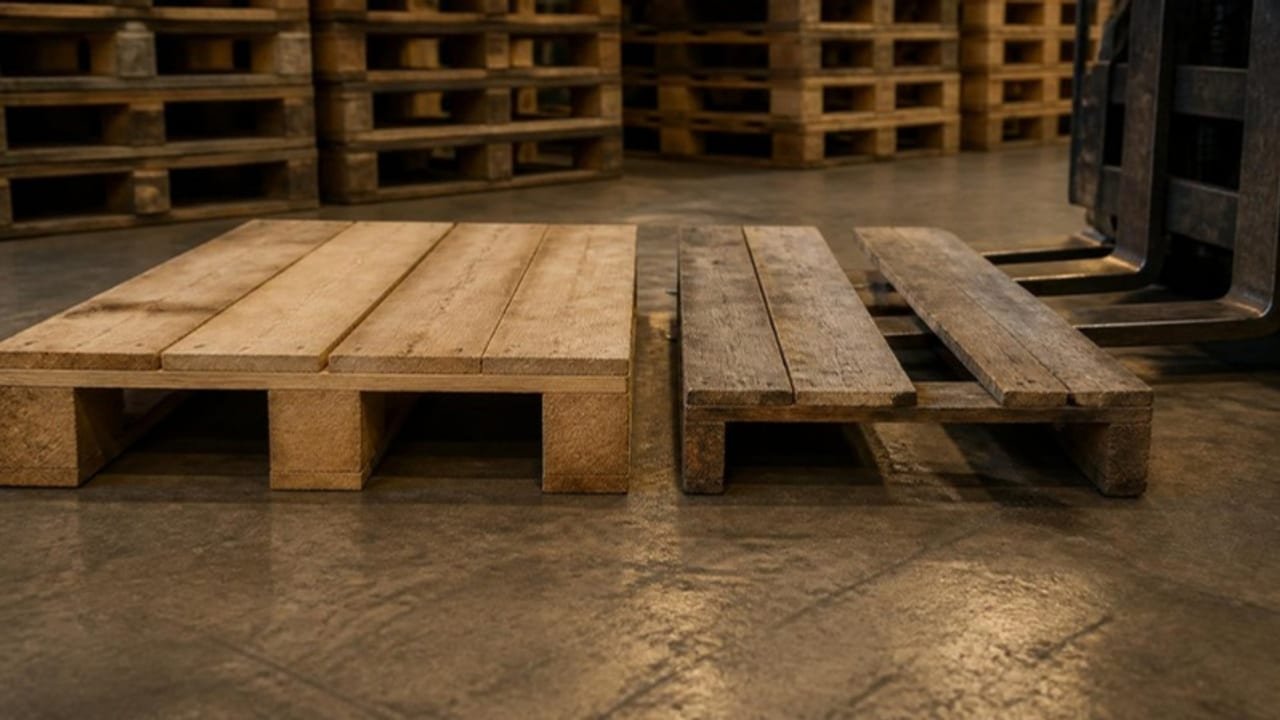 A nine-block 48x40 wood pallet beside a three-stringer wood pallet on a Los Angeles pallet yard floor, seen from the fork-entry side with forklift tines approaching