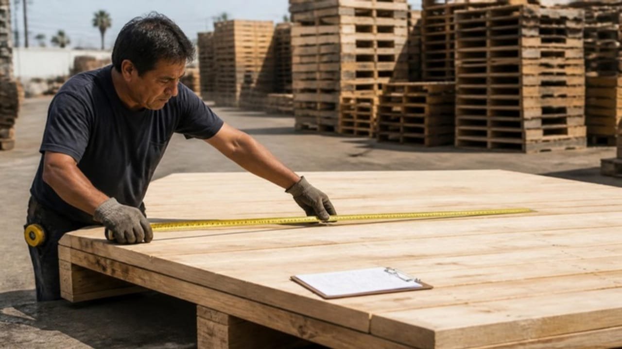 Carpenter measuring a large custom wooden pallet with a tape measure at a Los Angeles pallet yard, a clipboard with a spec sheet resting on the deck boards