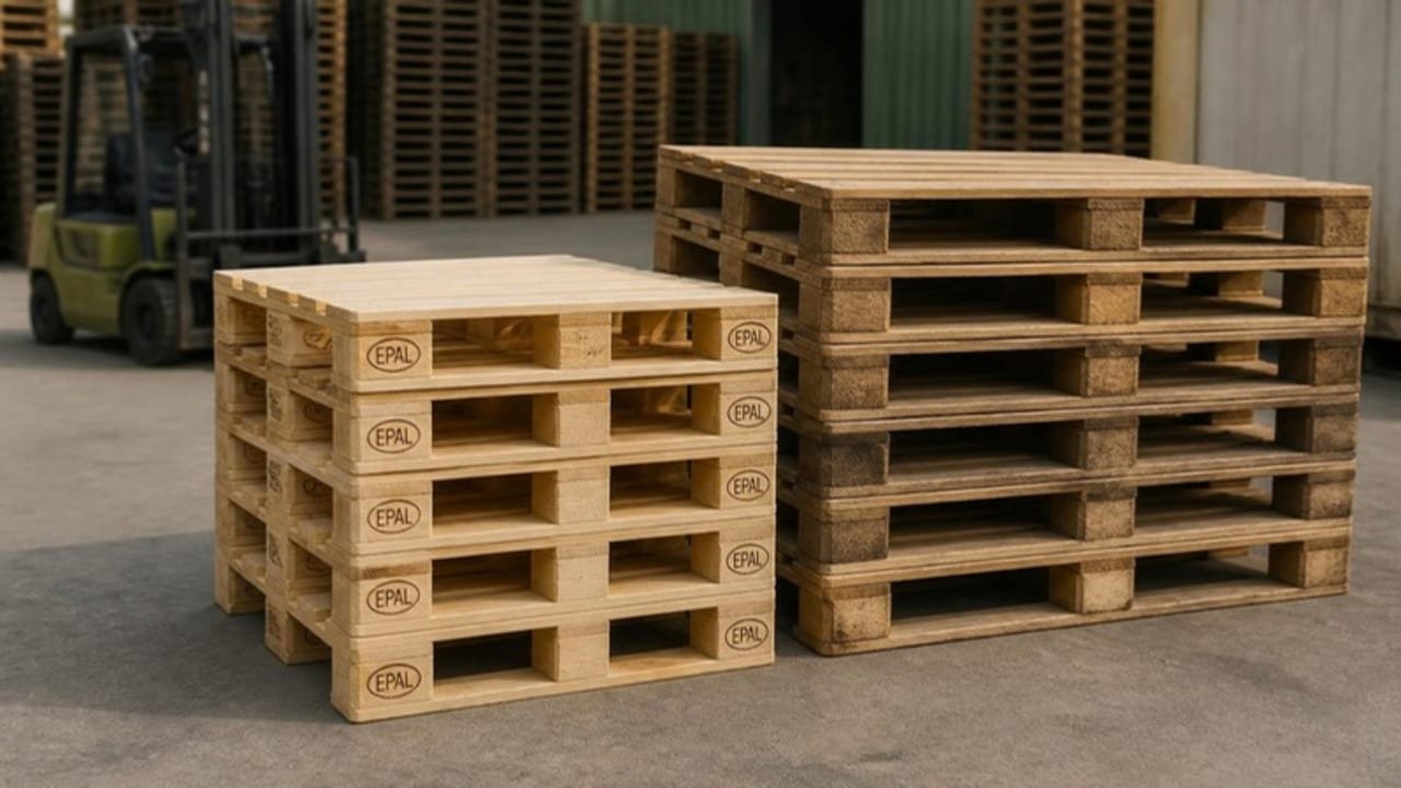 Stack of EPAL Euro pallets standing next to a taller stack of 48x40 wood block pallets in a pallet yard