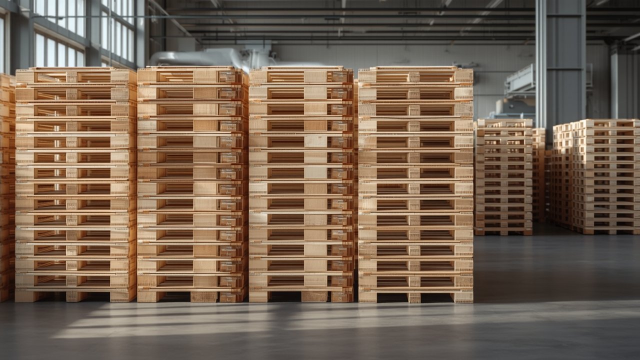 Tall, neatly aligned stacks of new light-colored wood pallets standing on the floor of a bright warehouse