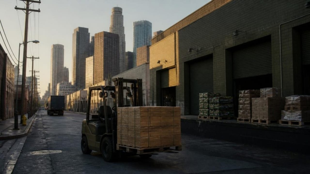 Forklift carrying a load of wood block pallets down a narrow Downtown Los Angeles warehouse street past roll-up loading doors, with the skyline towers behind at dawn