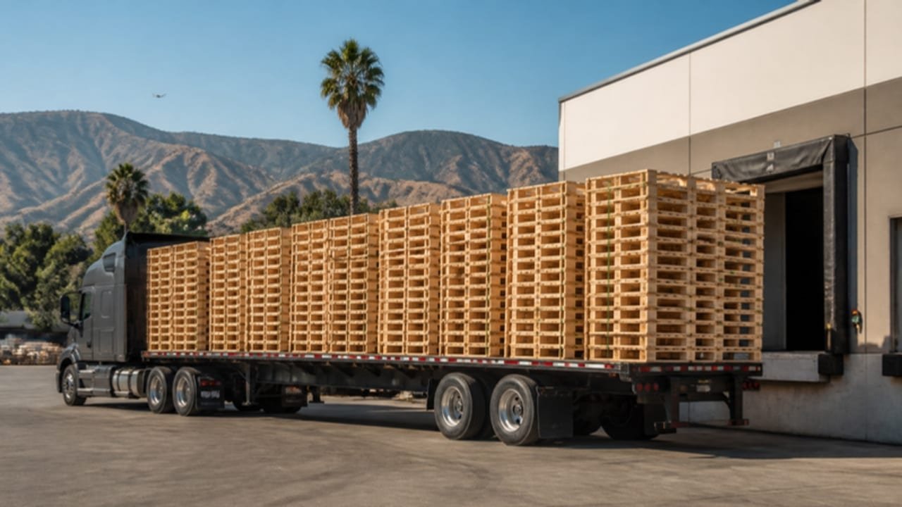 Flatbed truck loaded with stacks of new wood block pallets backed up to a warehouse dock in the eastern San Fernando Valley, the Verdugo foothills behind, on a delivery run to Burbank, California