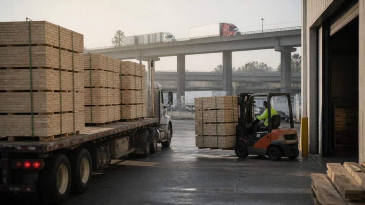 Flatbed truck unloading stacks of 48x40 wood block pallets at a distribution center dock in Commerce, California, with the I-710 freeway overpass in the background