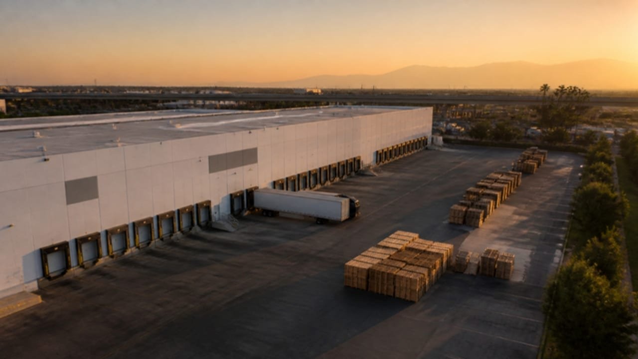 Aerial view of a City of Industry distribution corridor at dusk: a row of truck docks, stacks of 48x40 wood block pallets staged on the yard and a freeway overpass in the distance