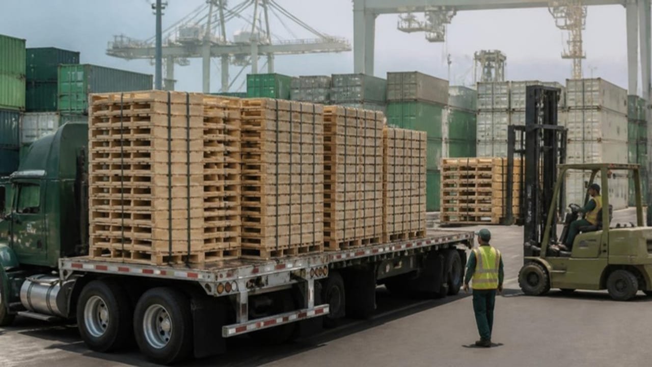 Flatbed truck loaded with banded stacks of wood pallets at a container yard near the Port of Long Beach, with a forklift and stacked containers behind