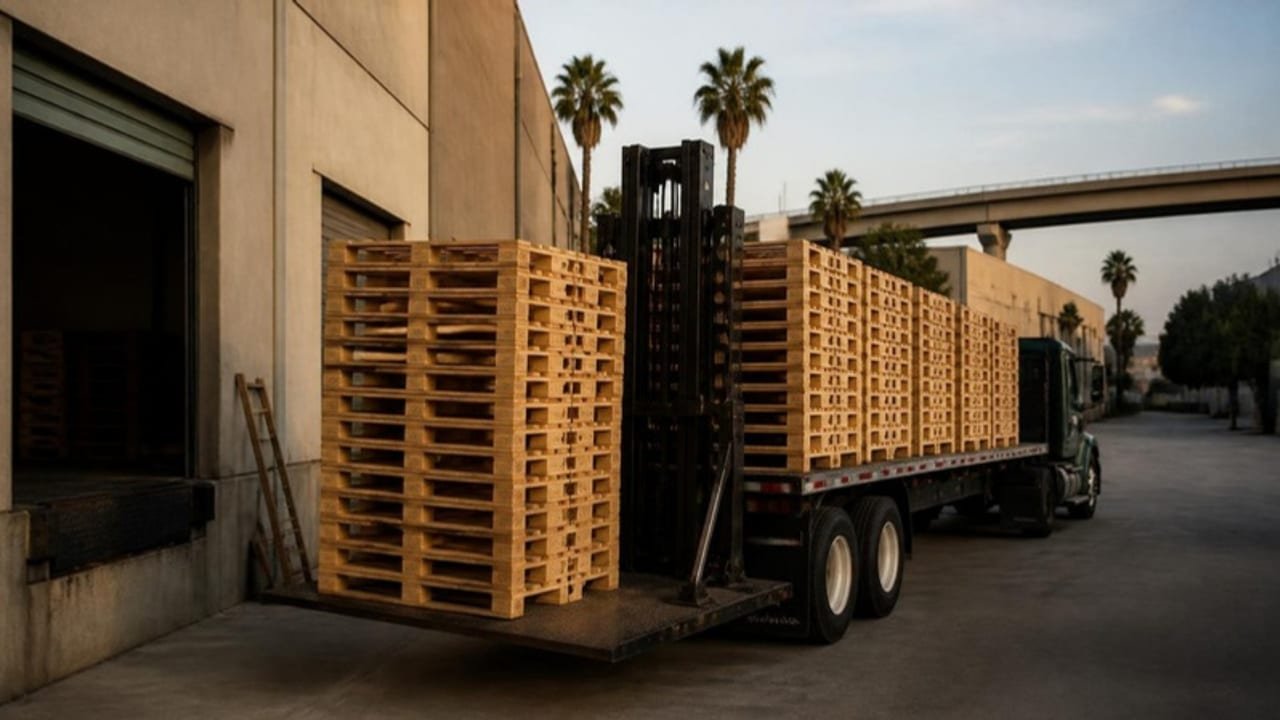 Flatbed truck unloading tall stacks of 48x40 wood block pallets at a business park loading dock in Orange, California, palm trees and a freeway overpass behind