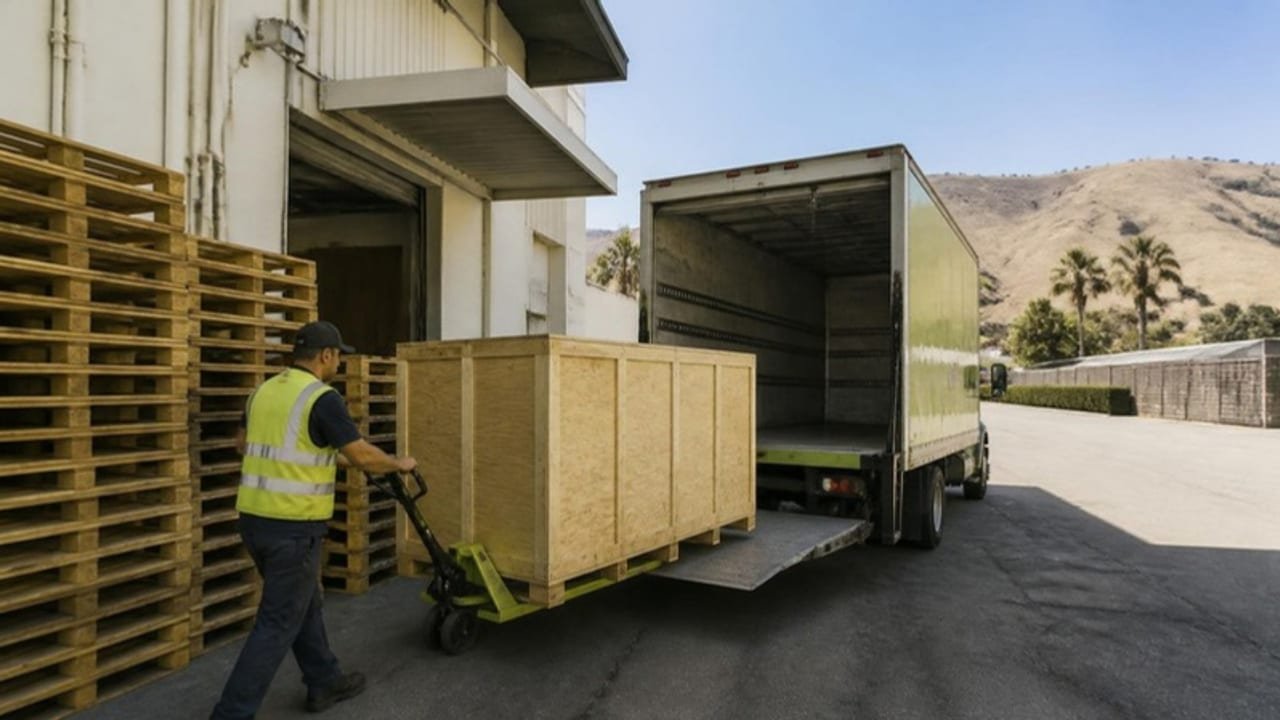 Worker with a pallet jack loading a custom wooden crate onto a box truck at a San Fernando Valley warehouse dock, stacked wood pallets beside the door