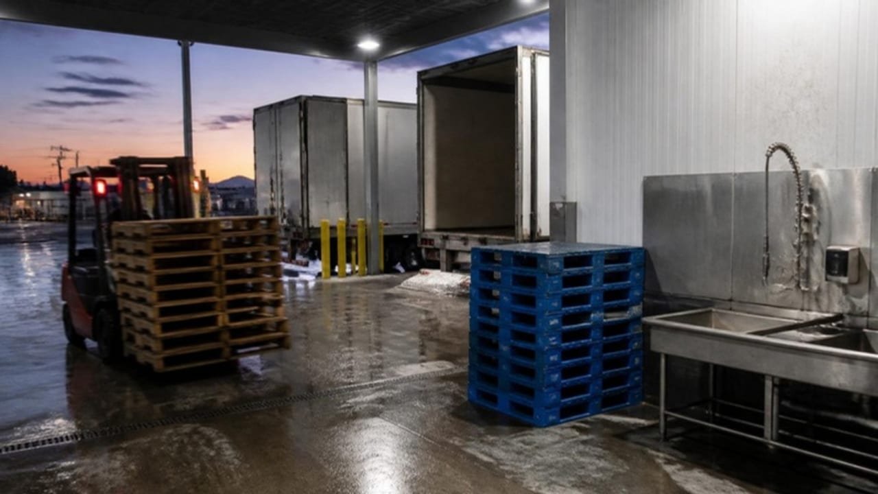 Forklift carrying wood block pallets past a stack of blue plastic pallets beside a stainless steel washdown area on a Vernon, California food plant dock at dusk