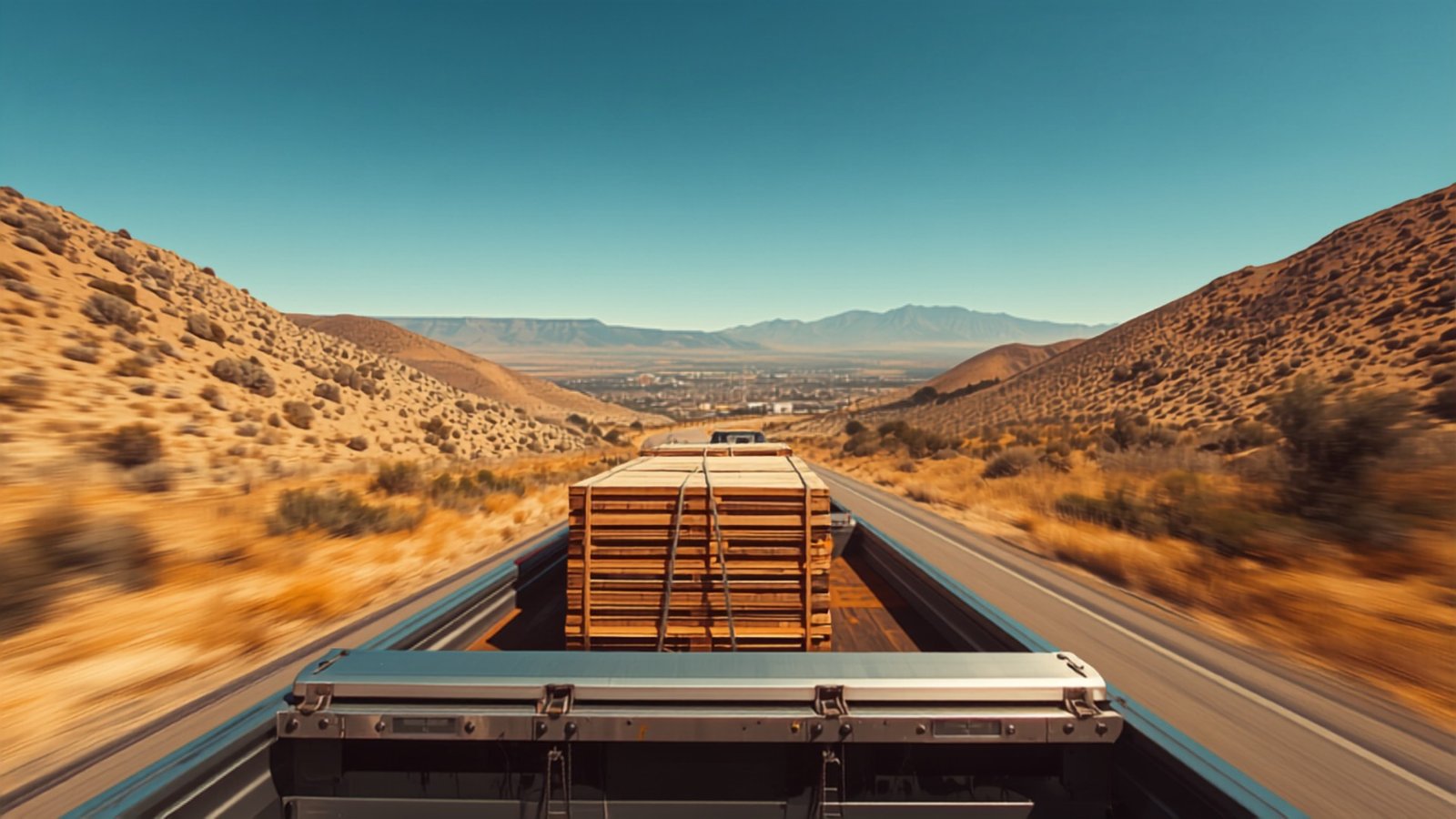 Cami&oacute;n flatbed entregando palets de madera por el corredor de la 118 hacia Simi Valley