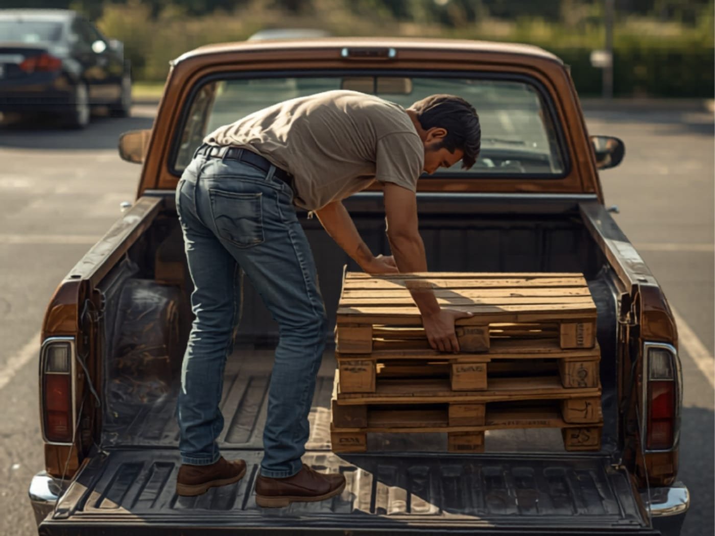 Persona cargando palets de madera en una camioneta en Los Angeles