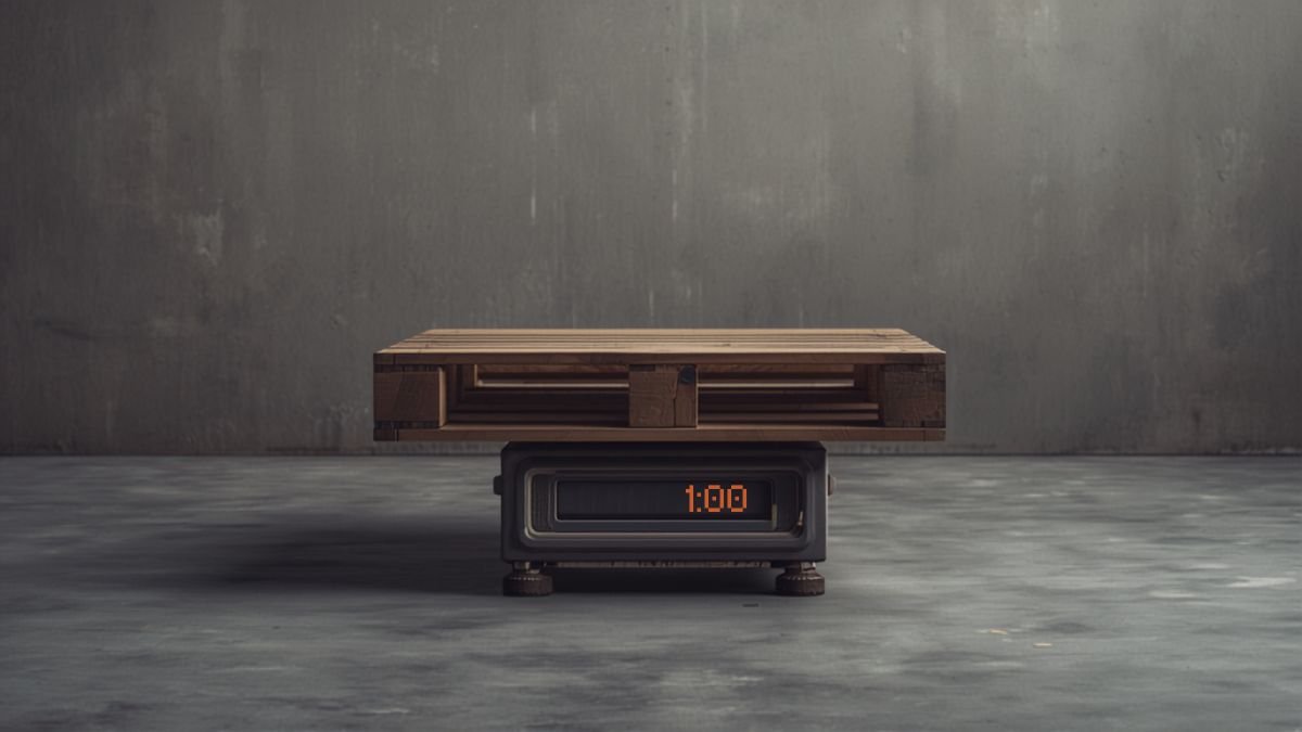 Empty pallet sitting on an industrial floor scale in a warehouse to check tare weight